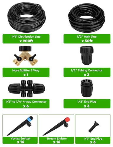 250FT Drip Irrigation System for Garden - 50FT 1/2" Main Tube & 200FT 1/4" Branch Tubing, Brass Splitter, Quick Connect Design, Perfect for Outdoor Plants, Raised Beds, Greenhouses - size: 250 FT