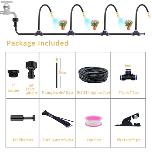 360°Bendable Automatic Irrigation System, 50Ft Adjustable Garden Watering Misting System for Outdoor Cooling System, Trampoline, Greenhouse, Lawn, Plant, Water Mister Nozzles Thread Sprayer 0.043"