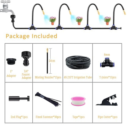 360°Bendable Automatic Irrigation System, 50Ft Adjustable Garden Watering Misting System for Outdoor Cooling System, Trampoline, Greenhouse, Lawn, Plant, Water Mister Nozzles Thread Sprayer 0.043"