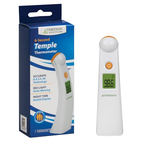 Slim Line Package Mini Temple Touch Thermometer | Non-Invasive Forehead Measurements, Color-Changing Fever Alert Backlight, Memory Recall, F/C Switchable