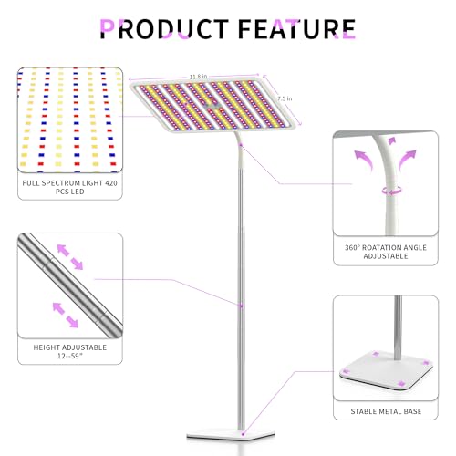 48W Grow Lights for Indoor Plants with Stand, Full Spectrum LED Plant Light for Indoor Plants,12-59 Inches Height Adjustable Growing Lamp with Auto On/Off Timer 4H/8H/12H, 4 Dimmable Brightness | 420 LEDs Full Spectrum Plants Growing Light, 12-60" Height