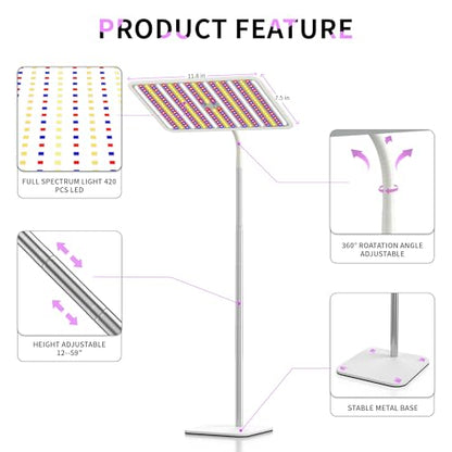48W Grow Lights for Indoor Plants with Stand, Full Spectrum LED Plant Light for Indoor Plants,12-59 Inches Height Adjustable Growing Lamp with Auto On/Off Timer 4H/8H/12H, 4 Dimmable Brightness | 420 LEDs Full Spectrum Plants Growing Light, 12-60" Height
