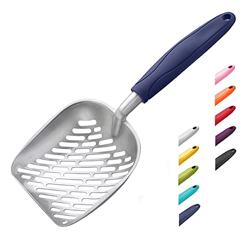 Cat Litter Scoop, Aluminum Alloy Sifter, Kitty Metal Scooper, Deep Shovel with Diagonal Sifting Hole, Long Handle, Kitten Poop Lifter for Litter Box, Large Size, Blue Handle - color: #01 Blue, size: Large