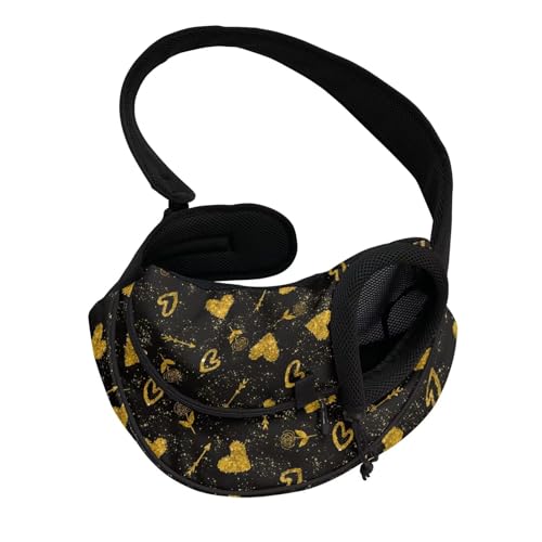 COEQINE Black Gold Heart Sling Carrier for Small Dogs Valentine's Day for Pet Owner Crossbody Purse Front Facing for Small Puppy Travel Cycling - color: Black Gold Heart