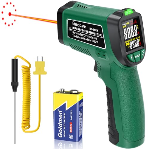Infrared Thermometer for Cooking, Gedaye Surface Laser Temperature Gun with Laser Pointer 13:1, Metal Probe, Adjustable Emissivity, -58℉ to 1562℉, Thermal Thermometer Gun for Pizza Oven Engine HVAC - color: Green