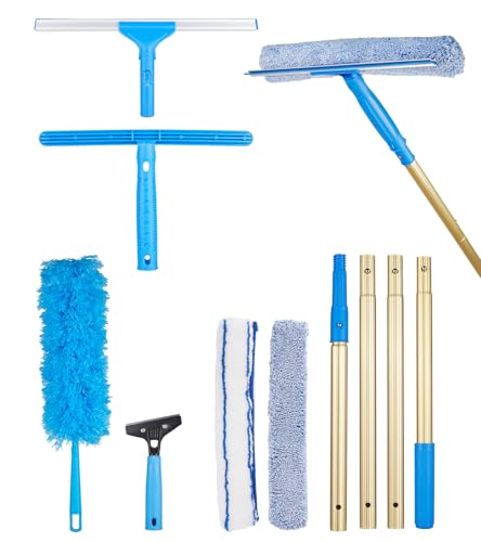 2 in 1 Window Squeegee Cleaning Kit with Aluminum Alloy Extension Poles, Scrubber, Glass Scrapper, Bendable Duster,2 Scrubber Cloth for Window, Car, Floor, Home, Garden - color: Gold