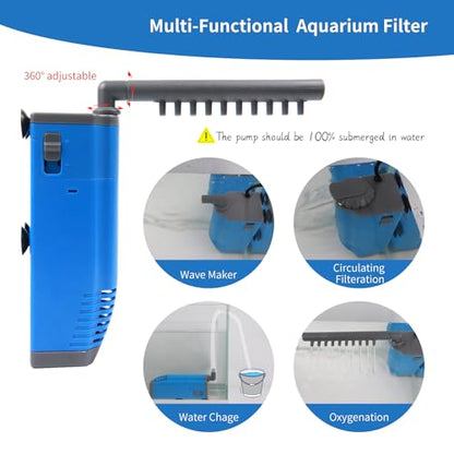Aquarium Internal Filter, Submersible Power Fish Tank Filters with Wave-Maker Submersible Water Pump Turtle Filter 5-20 Gallon, 55 GPH, 3W