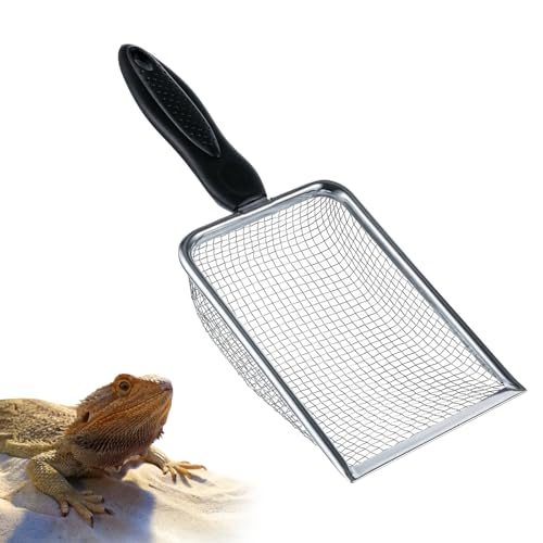 Stainless Steel Mesh Litter Shovel, Black Non-Slip Handle Sifter, Fine Mesh Metal Reptile Litter Cleaner Scooper, for Lizard Substrate Reptile Terrarium Sand Waste, 2.8mm Mesh