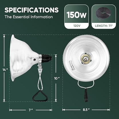 HealSmart 8.5" Clamp Light Socket, 150-Watt Maximum with 6 Feet 18/2 SPT-2 Cord, Aluminum Reflector E26 (no Bulb Included), for Reptiles and Plants Growing, 2-Pack - size: 8.5 Inch (150 Watts), style: 2-Pack