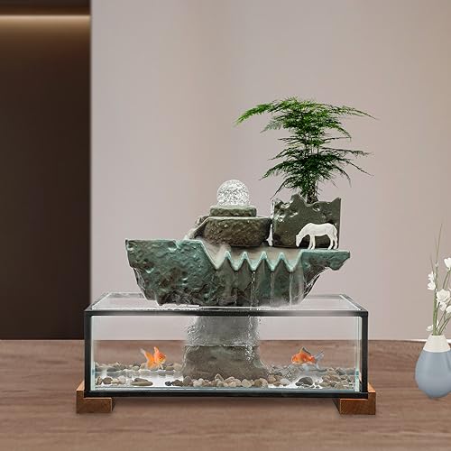 Desktop Water Fountains, Waterfall Fish Tank Indoor Water Fountain Tabletop with Pump & Atomizer, Rockery and Aquariums Water Fall Indoor for Corridor Hall Study Dining Room Bookstore