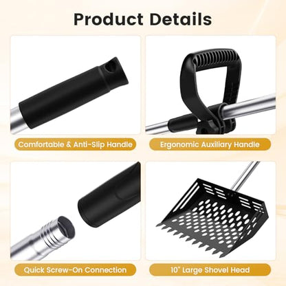 2-in-1 Chicken Poop Scooper & Rake, 38 to 66" Adjustable Stainless Steel Chicken Coop Scoop for Sand Chicken Litter Scoop with Handle Litter Sifting Shovel for Chicken Coops & Pet Waste