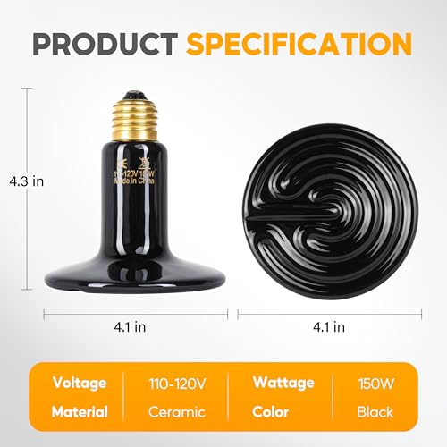 HealSmart 150W Reptile Heat Lamp Ceramic Heat Emitter, No Light Emitting Heat Bulbs, Suitable for Snake/Lizard/Spider, Plant Growth and Incubating Chicken, 2-Pack - size: 150 Watts, style: D-105mm (4.13")