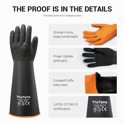 ThxToms Heavy Duty Rubber Gloves, Industrial Chemical Resistant Gloves Waterproof Reusable Protective Work Gloves for Cleaning, Dishwashing,Upgraded with Non-Slip Design, Black, 22" 1 Pair | 1 Pair Black Industrial Chemical Resistant Gloves Waterproof Reu