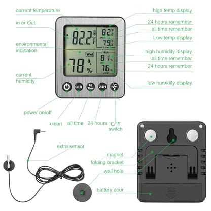 Digital Dual Channel Thermometer Hygrometer, Detachable Temp-Only Probe, 24H & All-Time Min Max Memory Fridge Reptile Tank Wine Cellar Greenhouse Garage Bedroom zz20 White 1 Pack - color: White, size: h1