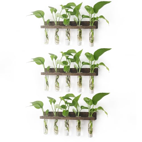 Wall Hanging Plant Propagation Station 15 Glass Test Tubes - Brown | 3 Tiered Vase Planter for Hydroponic Home Garden Office Decor, Gardening Gifts for Women Plant Lover - size: 3 Tiers - 15 Vases