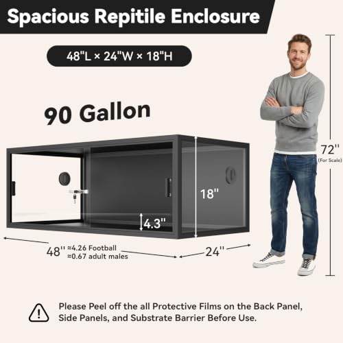 90 Gallon Reptile Enclosure 48" x 24" x 18", Front Opening Reptile Enclosure with Tempered Glass Doors, Safety Lock & Screen Top Ventilation, for Bearded Dragon, Ball Python, Snake, Gecko - color: Black, size: 48" x 24" x 18"