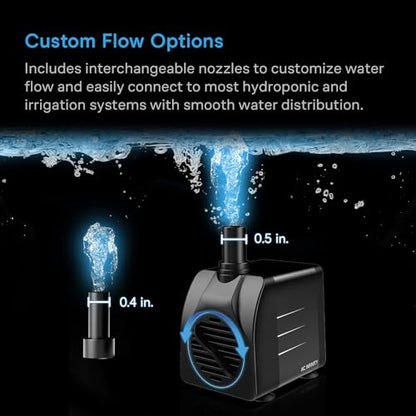 AC Infinity 150 GPH Submersible Water Pump (568 L/H, 8W) | Ultra Quiet Fountain Pump w/ 3 ft High Lift, 5 ft Power Cord, for Fish Tanks, Aquariums, Fountains, Statuaries, Ponds, Pools - size: 150 GPH