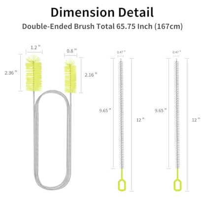 Flexible Drain Brush, 66" Extra Long Pipe Cleaners with 2 Pcs Straw Brush | Drain Cleaning Brush, Double Ended Elastic Hose Pipe Cleaner for Refrigerator Defrost, Aquarium Filter, Sink Drain, Fish Tank