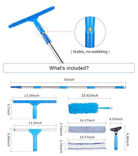 Window Squeegee Cleaner with 4 Stainless Steel Extension Poles,Long Reach to 58inch, Scrubber, Glass Scraper, Bendable Duster, 2 Scrubber Cloth for Window, Car, Professional Cleaning Kit - color: Silver
