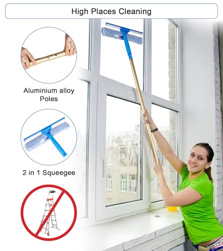 2 in 1 Window Squeegee Cleaning Kit with Aluminum Alloy Extension Poles, Scrubber, Glass Scrapper, Bendable Duster,2 Scrubber Cloth for Window, Car, Floor, Home, Garden - color: Gold
