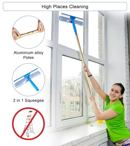 2 in 1 Window Squeegee Cleaning Kit with Aluminum Alloy Extension Poles, Scrubber, Glass Scrapper, Bendable Duster,2 Scrubber Cloth for Window, Car, Floor, Home, Garden - color: Gold