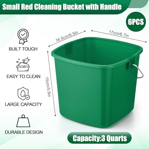 Zhehao 6 Pcs 3 Quart Bucket for Cleaning Small Sanitizer Bucket for Restaurant Square Plastic Pail with Handles for Home, Offices, Commercial Use, Food Service (Red,Green) - color: Red,green