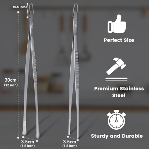 HOTEC Kitchen Tweezers Tongs Stainless Steel Professional Chef Tweezers, Set of 2-12inch Extra-Long Food Tongs for Cooking,Grill and Baking - color: Silver, size: 2PCS: 12 Inch with hook