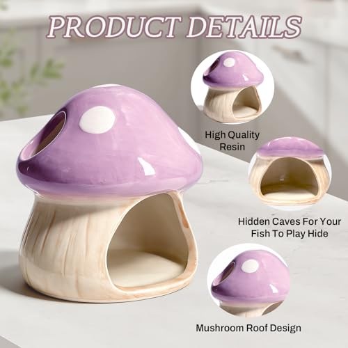 Betta Fish Tank Accessories, 4.33'' × 4.33'' Ceramic Mushroom House Aquarium Decor - Cute Purple Hideout Cave Ornament for Small Fish, Shrimp, Goldfish, Hamsters & Reptiles (Purple)