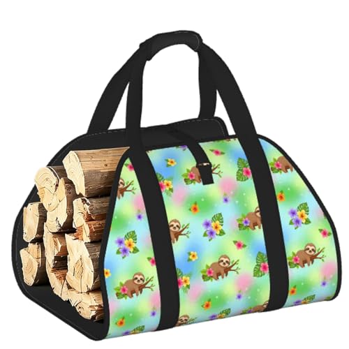 AMRANDOM Firewood Bag Carrier, Sloth Spring Flowers Log Tote Wood Carrying Bag With Handles for Camping Trip Christmas - color: Color1023