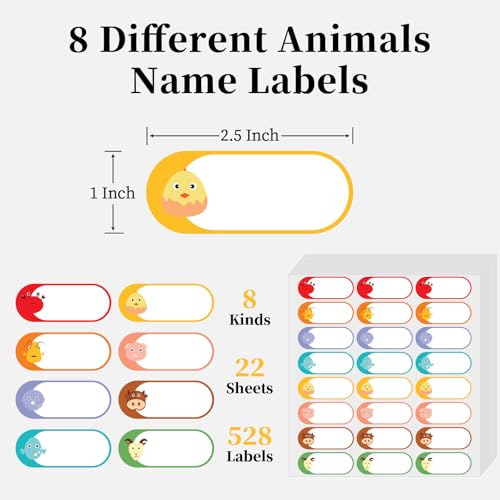 1 x 2.5 Inch Baby Bottle Labels, 22 Sheets, 528 PCS | Writable Animal Name Stickers, Resist Water , Freezer Conditions, Remove Cleanly from Reusable Bottles and Containers
