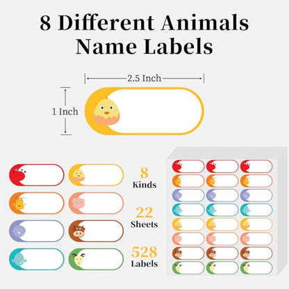 1 x 2.5 Inch Baby Bottle Labels, 22 Sheets, 528 PCS | Writable Animal Name Stickers, Resist Water , Freezer Conditions, Remove Cleanly from Reusable Bottles and Containers