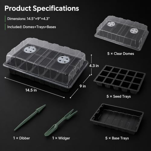 Gardzen 5 Pack Seed Starter Trays with Vented Domes 75 Cell Black | Reusable Plant Germination Kit with Humidity Domes and Bases for Starting Seeds, 15"x9" Tray - size: 15-Cell 5-Pack