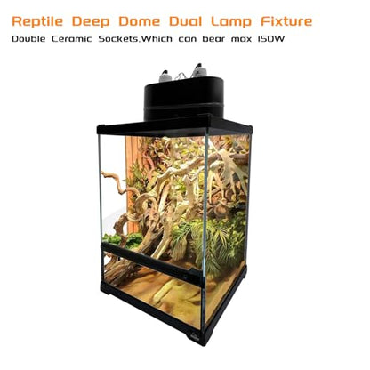 Dual Reptile Light Fixture Deep Dome,Max 150W,UV Lamp Fixture Dual Lamp Cap for Reptiles Terrarium with Two Independent Switches Heat Lighting Lamp Kit.