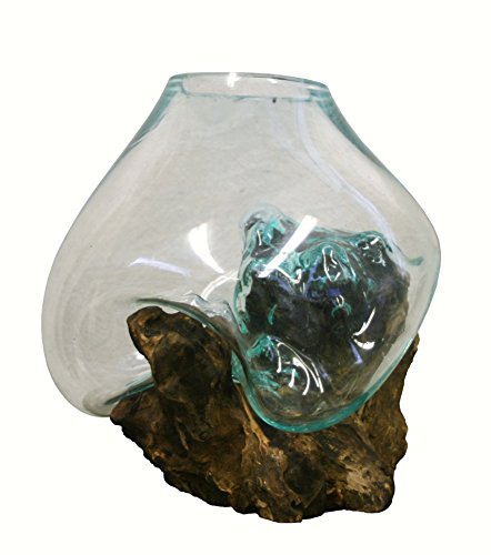 Molten Glass | #650-28 | Molten Glass & Wood Sculpture | Terrarium | Fairy Garden | Approximately 11" Wide | Natural Wood and Recycled Glass | - size: Approximately 11" Wide