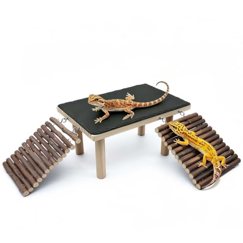 Bearded Dragon Basking Platform with Climbing Ramp,Reptile Basking Rock (M) | Wooden Lizard Resting Platform Basking Rock Slate,Leopard Gecko Hide Cave Tank Accessories for Tortoise Snake - size: M: 11.8" x 6" x 4.56"