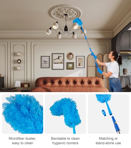 Window Squeegee Cleaner with 4 Stainless Steel Extension Poles,Long Reach to 58inch, Scrubber, Glass Scraper, Bendable Duster, 2 Scrubber Cloth for Window, Car, Professional Cleaning Kit - color: Silver