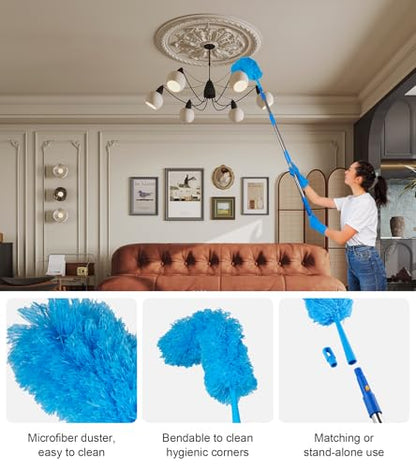 Window Squeegee Cleaner with 4 Stainless Steel Extension Poles,Long Reach to 58inch, Scrubber, Glass Scraper, Bendable Duster, 2 Scrubber Cloth for Window, Car, Professional Cleaning Kit - color: Silver