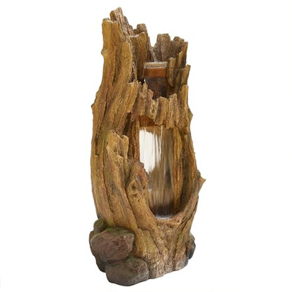 Alpine Corporation TZL338 Outdoor 3 Tier Waterfall Tree Trunk Floor Fountain with LED Lights for Patio, and Lawn Decor, 59 Inches Tall - style: 3-Tier 59" H - Cool White LEDs