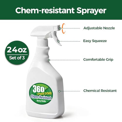 T4U Spray Bottles for Cleaning 24 oz 3 Pack, Heavy Duty Sprayers | Chemical-resistant empty bottles with mist or stream nozzle for plants, household cleaning, auto care and garden use - size: 24 OZ, 3 Pack