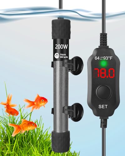 AquaMiracle Aquarium Heater 200W Fish Tank Heater for 20-40 Gal Tanks, LED Digital Display Thermostat Turtle Heater with Out-of-Water Auto Shut-Off, Overheat Protection & Memory Function - size: For 20-40 Gal Tank