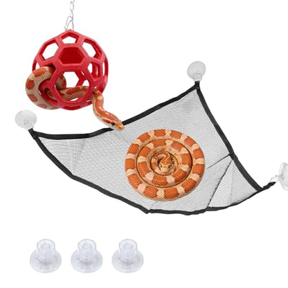 Snake Hammock & Climbing Ball Set - Triangular Breathable Mesh Hammock with 3 Suction Cups, Red Rubber Hollow Ball with Metal Chain, Reptile Climbing Toy & Resting Platform for Ball Python Corn Snake