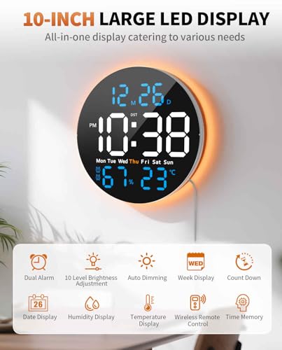 10 Inch Large Digital Wall Clock with 9 Color Changing Remote Control, Date Week Temperature, Auto Brightness Dimmer Big Clock with Night Lights,Blue - color: Blue
