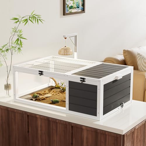 Reptile Habitat Tortoise House with Lamp Holder, 3 Acrylic Observation Windows, 2 Waterproof Trays, Lockable Top, Wooden Enclosure for Turtles, Lizards, Snakes, and Small Pets