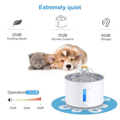 Wonder Creature Cat Water Fountain Stainless Steel Lid 81oz/2.4L-3 Filters | Pet Fountain with 3 Carbon Filters, 1 Mat, Quiet pump, LED Water Level Window, BPA-Free Stainless Steel Lid