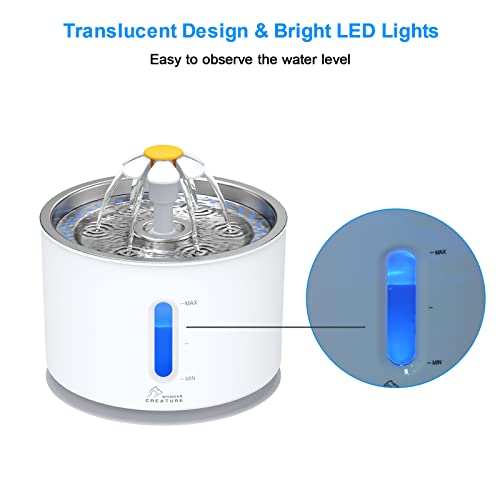 Wonder Creature Cat Water Fountain Stainless Steel Lid 81oz/2.4L-3 Filters | Pet Fountain with 3 Carbon Filters, 1 Mat, Quiet pump, LED Water Level Window, BPA-Free Stainless Steel Lid