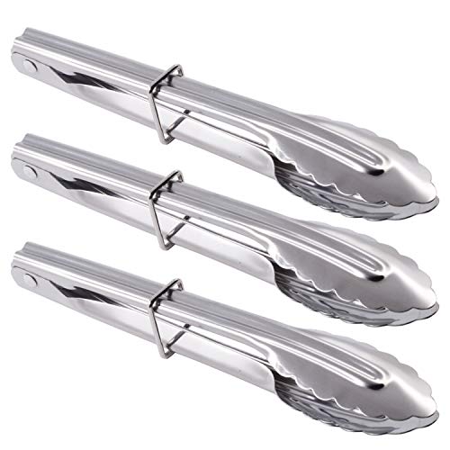 HINMAY 7-Inch Small Stainless Steel Serving Tongs, Set of 3 (Silver) | 7-Inch Mini Metal Salad Tongs - color: Silver