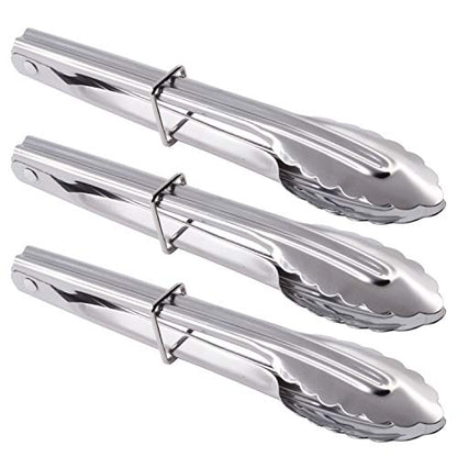 HINMAY 7-Inch Small Stainless Steel Serving Tongs, Set of 3 (Silver) | 7-Inch Mini Metal Salad Tongs - color: Silver