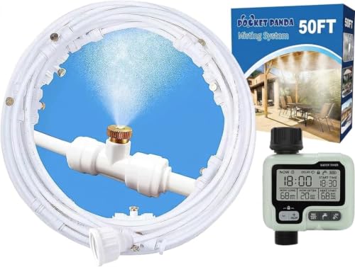 Misters for Outside Patio,White Misting System for Cooling Outdoor,50Ft|15M | Mist Hose DIY Kit w Timer for Porch,Canopy,Deck,Umbrella,Garden,Greenhouse,Yard,Plants,Trampoline Sprinkler Accessories Kids - color: White, size: 50FT-TMR