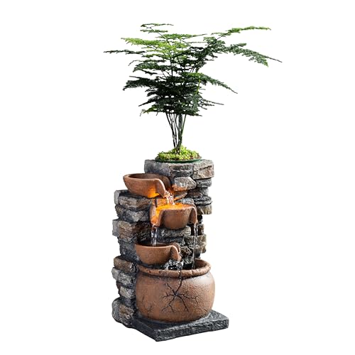 Indoor Fountain 4-Bowl Rockery Soothing Sound Tabletop Fountains Home/Office Decor with a Small Plastic Pot to Grow The Plant by Yourself(Automatic Watering)(23001)
