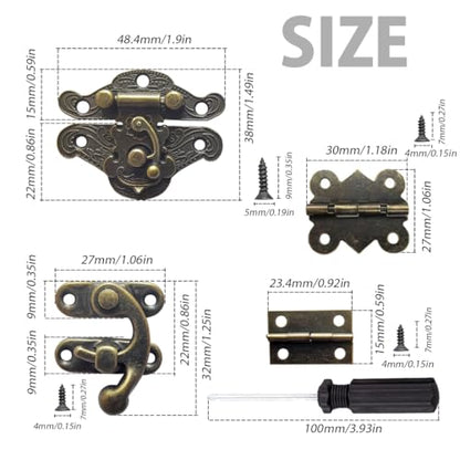 EAEDMY 36 Sets Retro Jewelry Box Hinges and Latches Hardware, Small Bronze Brass Latch Hinges for Wooden Jewelry Box and Decorative Cabinet, with Matching Screws Kit(Catch*12 + Hinges*24) (36)